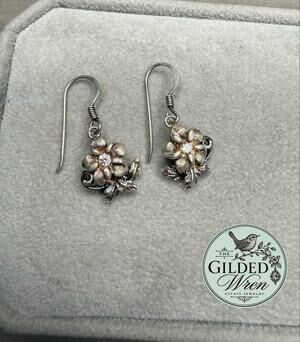 Vintage 925 Sterling Silver Plumeria CZ Drop Earrings 3D Floral Hook Dangle